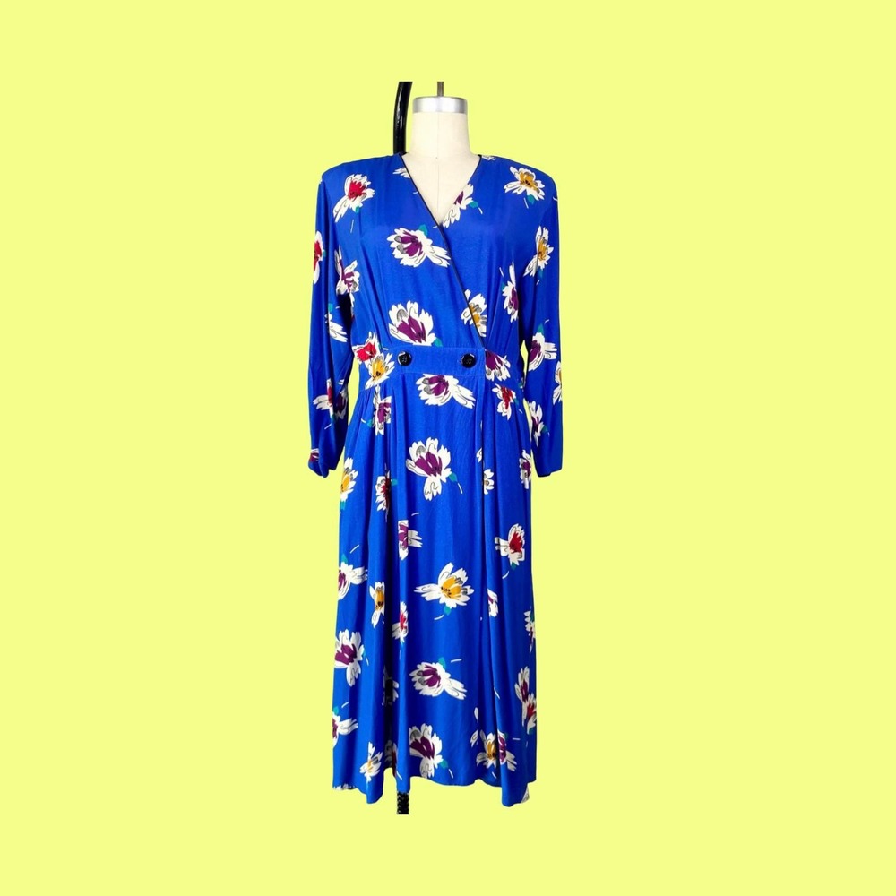 Vintage 80s Liz Claiborne Floral Dress Bright Blue Rayon Midi V-Neck Size 14